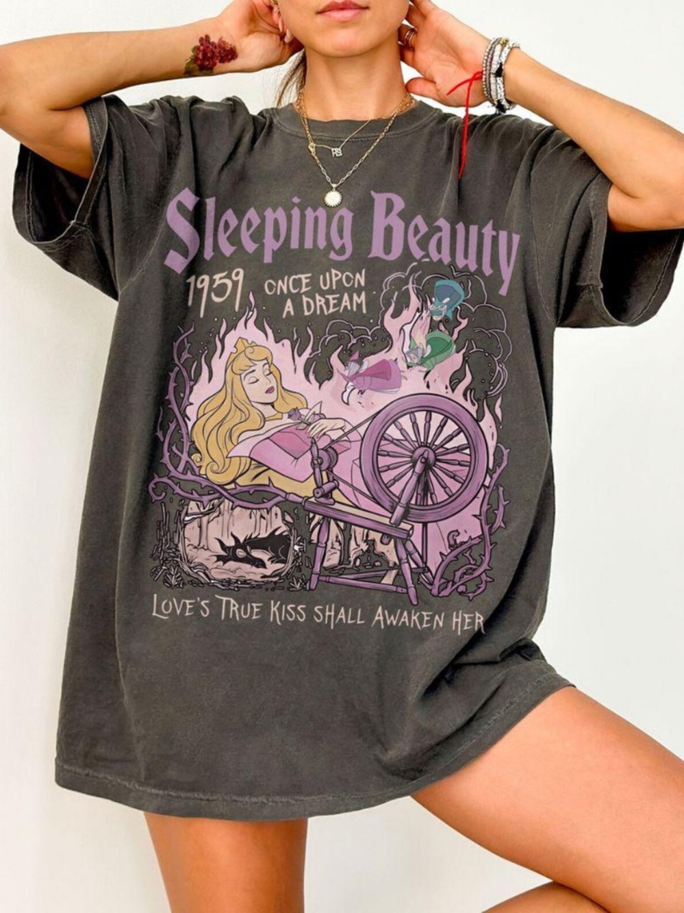 Comfort Colors Sleeping Beauty Graphic Tee — Pepper with Lavender Print